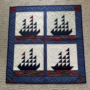 New Handmade Hand Quilted Red White Blue Sailboats Boat Quilt Wall Hanging Decor